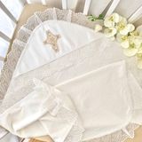 Крижма махрова для хрещення з куточком і мереживом &laquo;Ніжність перлин&raquo; молочна/беж
