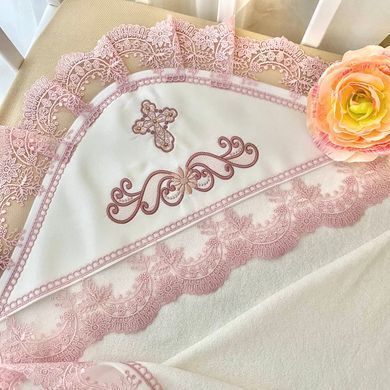 Крижма махрова для хрещення з куточком, вишивкою та мереживом "Світлинка" Махра Молочний/Пудра BetiS