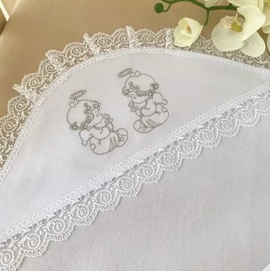 Крижма для хрещення трикотажна "Дивовижна" з куточком, вишивкою, мереживом Інтерлок 75*80 см Білий/Срібло Betis, 75х80 см &bull; 0-6 міс.