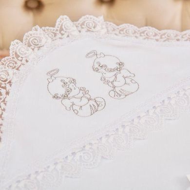 Крижма для хрещення трикотажна "Дивовижна" з куточком, вишивкою, мереживом Інтерлок 75*80 см Білий/Срібло Betis, 75х80 см &bull; 0-6 міс.